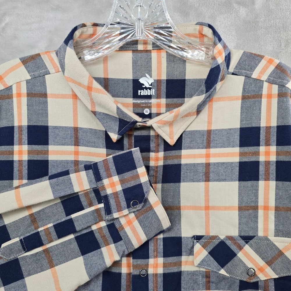 Rabbit Running Plaid Flannel Shirt Mens XL Blue Orange Snap Button Trail